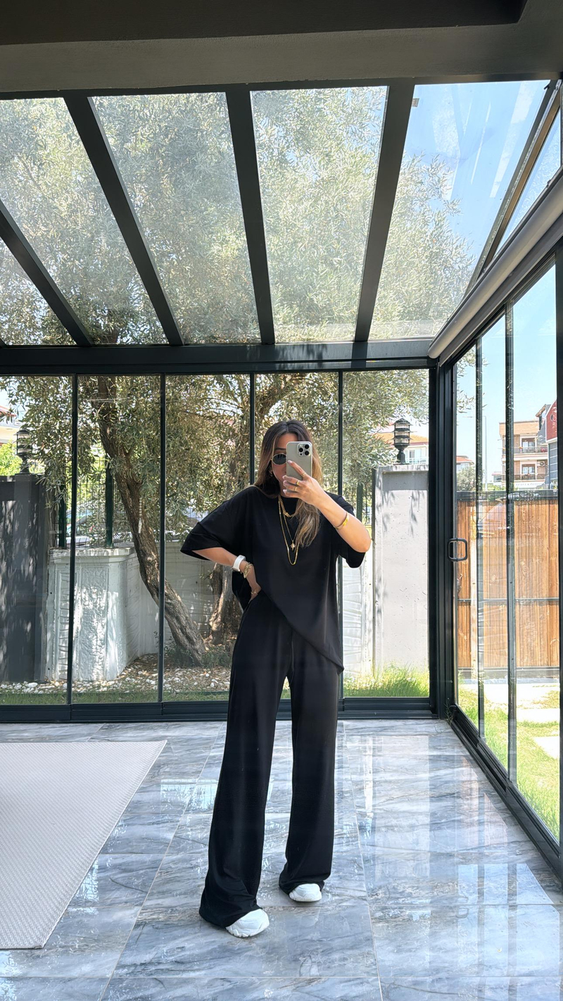 Siyah Modal Kumaş Kısa Kol Pantolon Tshirt Takım