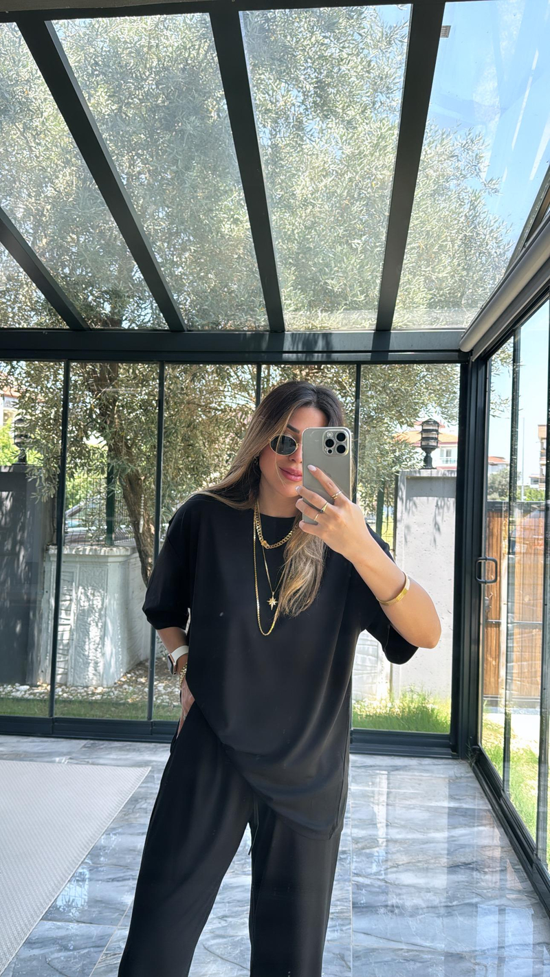 Siyah Modal Kumaş Kısa Kol Pantolon Tshirt Takım
