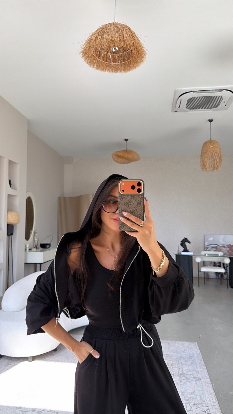 Siyah Modal Üçlü Atlet Hoodie Eşofman Takım