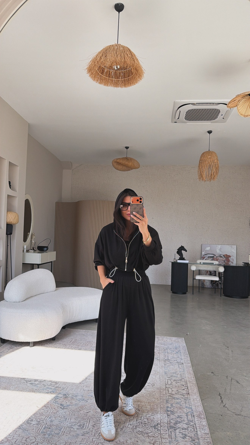 Siyah Modal Üçlü Atlet Hoodie Eşofman Takım