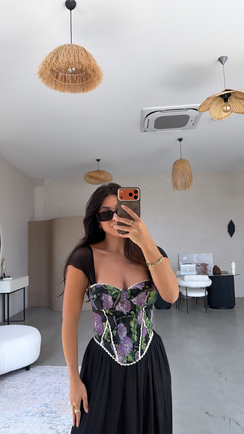 Siyah Mor Desenli Tül Askılı Korse