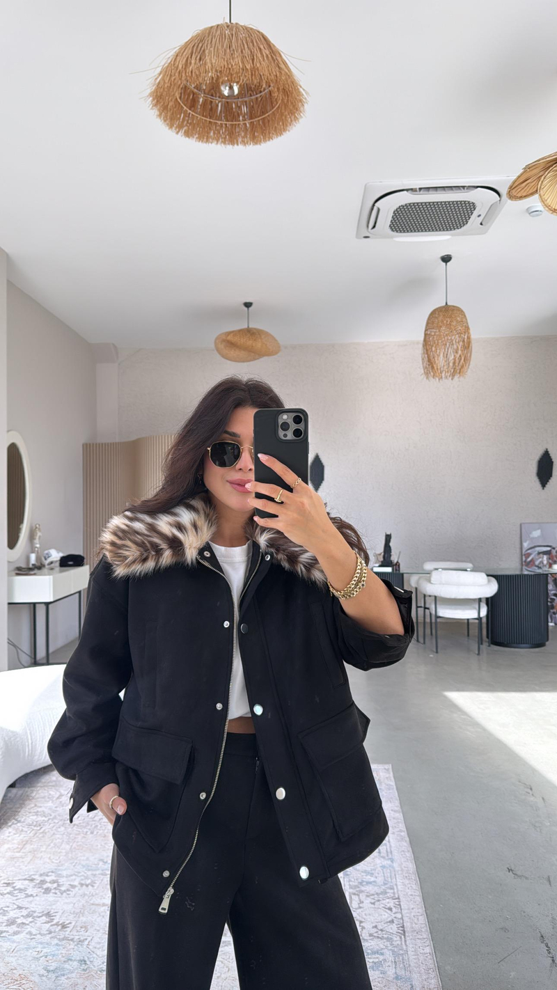 Siyah Nubuk Leopar Kürklü Mont Pantolon Takım