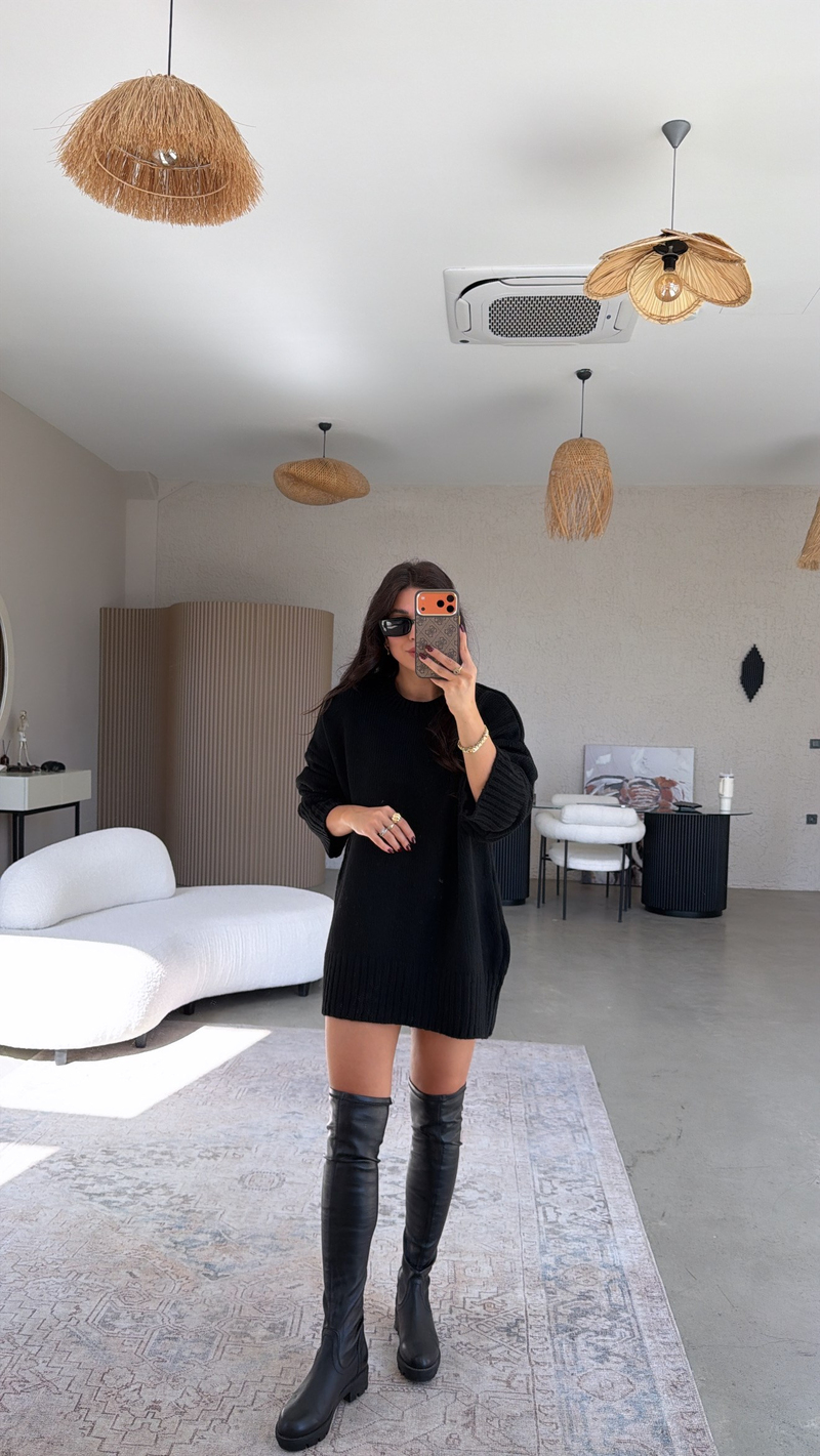 Siyah Oversize Yumoş Doku Basic Kazak