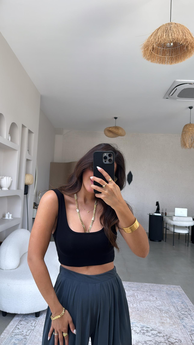 Siyah Oys Kalın Askı Crop Atlet