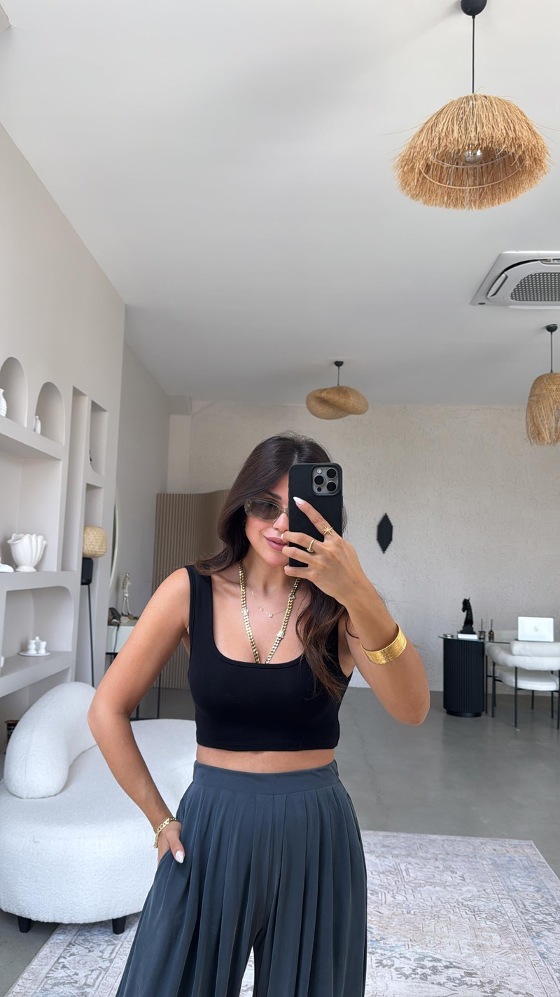 Siyah Oys Kalın Askı Crop Atlet