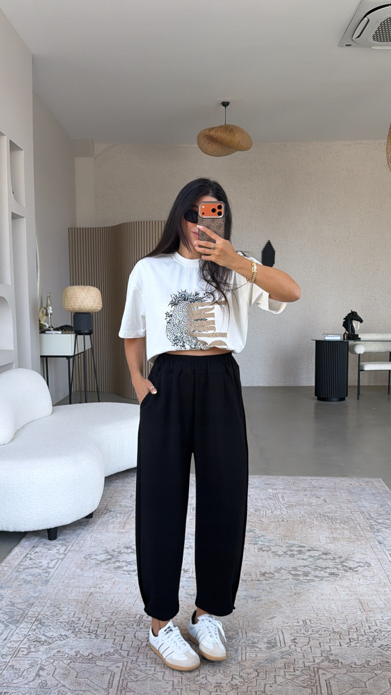 Siyah Paça Tutturma Baggy Eşofman