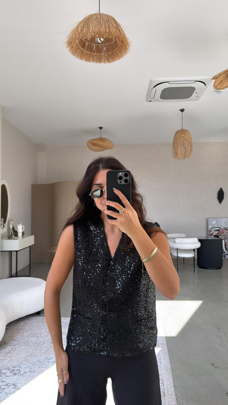 Siyah Payetli Premium Astarlı Yelek