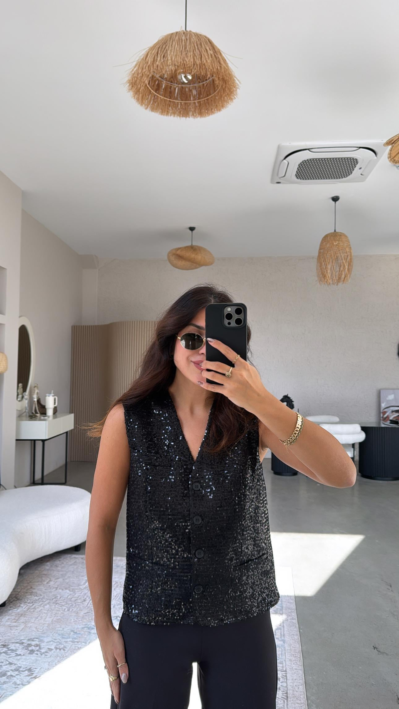 Siyah Payetli Premium Astarlı Yelek