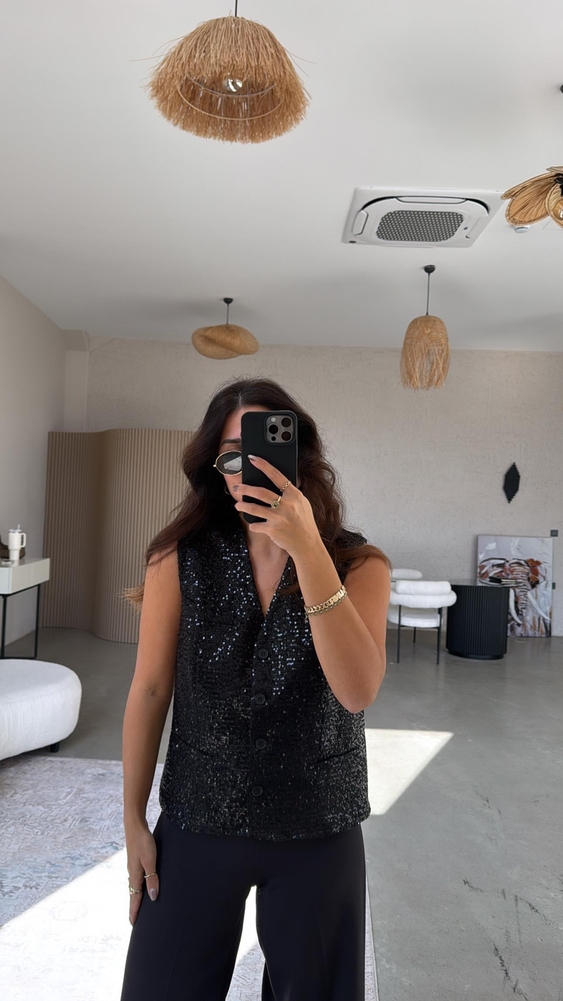 Siyah Payetli Premium Astarlı Yelek