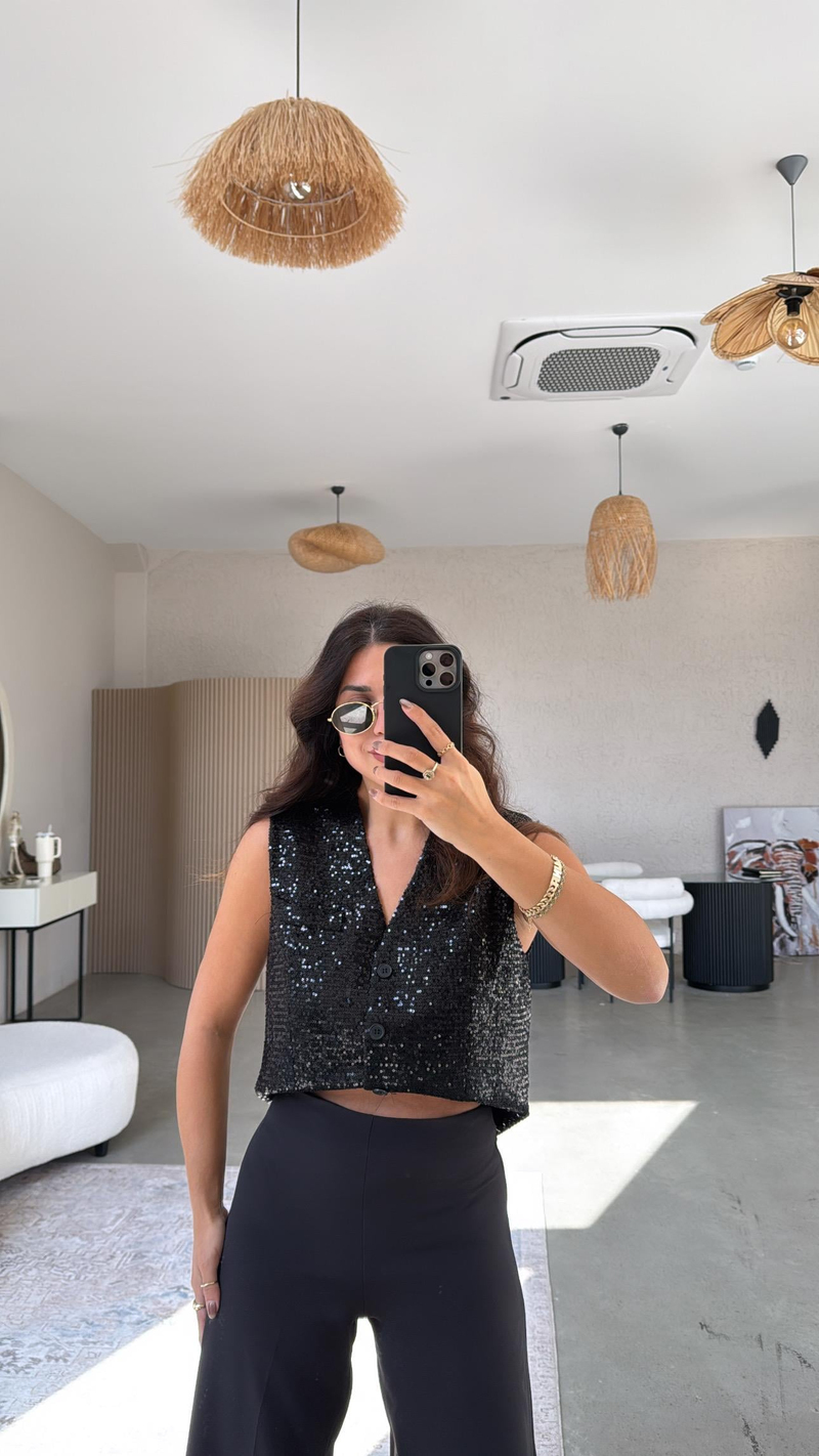 Siyah Payetli Premium Astarlı Yelek