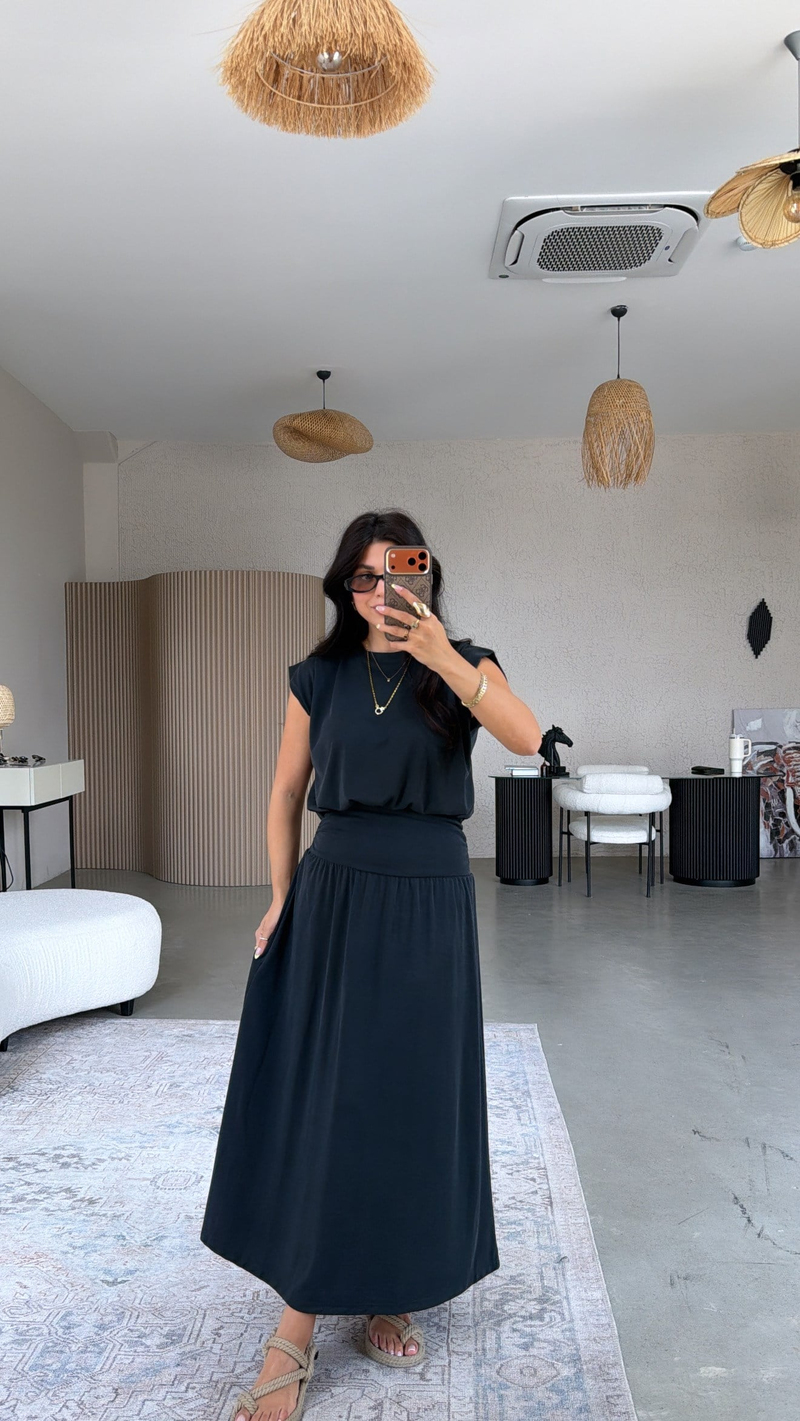 Siyah Pike Modal Drape Etek Bluz Takım