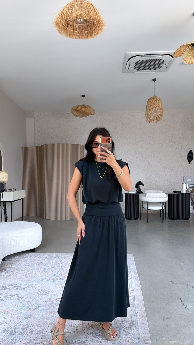 Siyah Pike Modal Drape Etek Bluz Takım