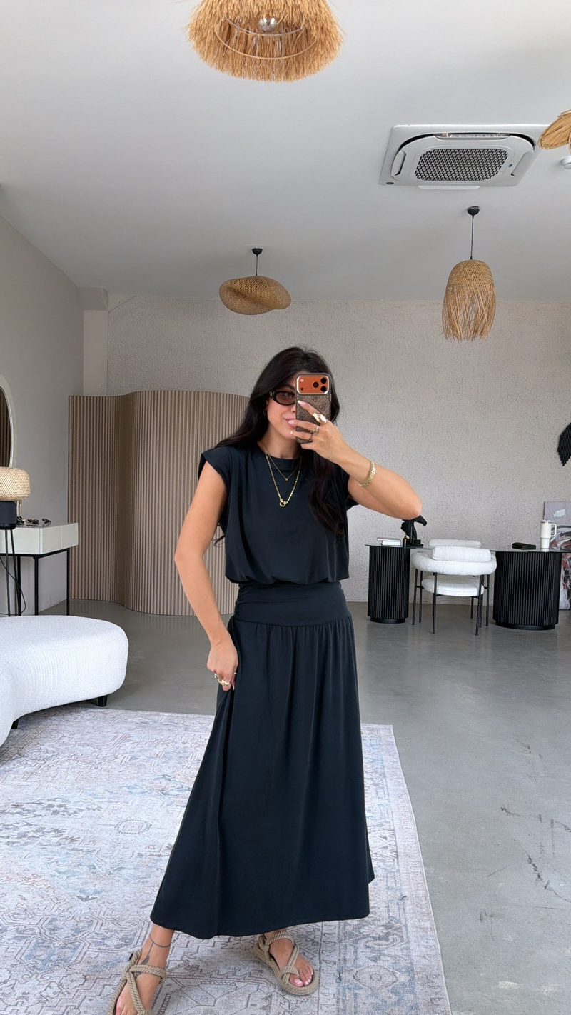 Siyah Pike Modal Drape Etek Bluz Takım