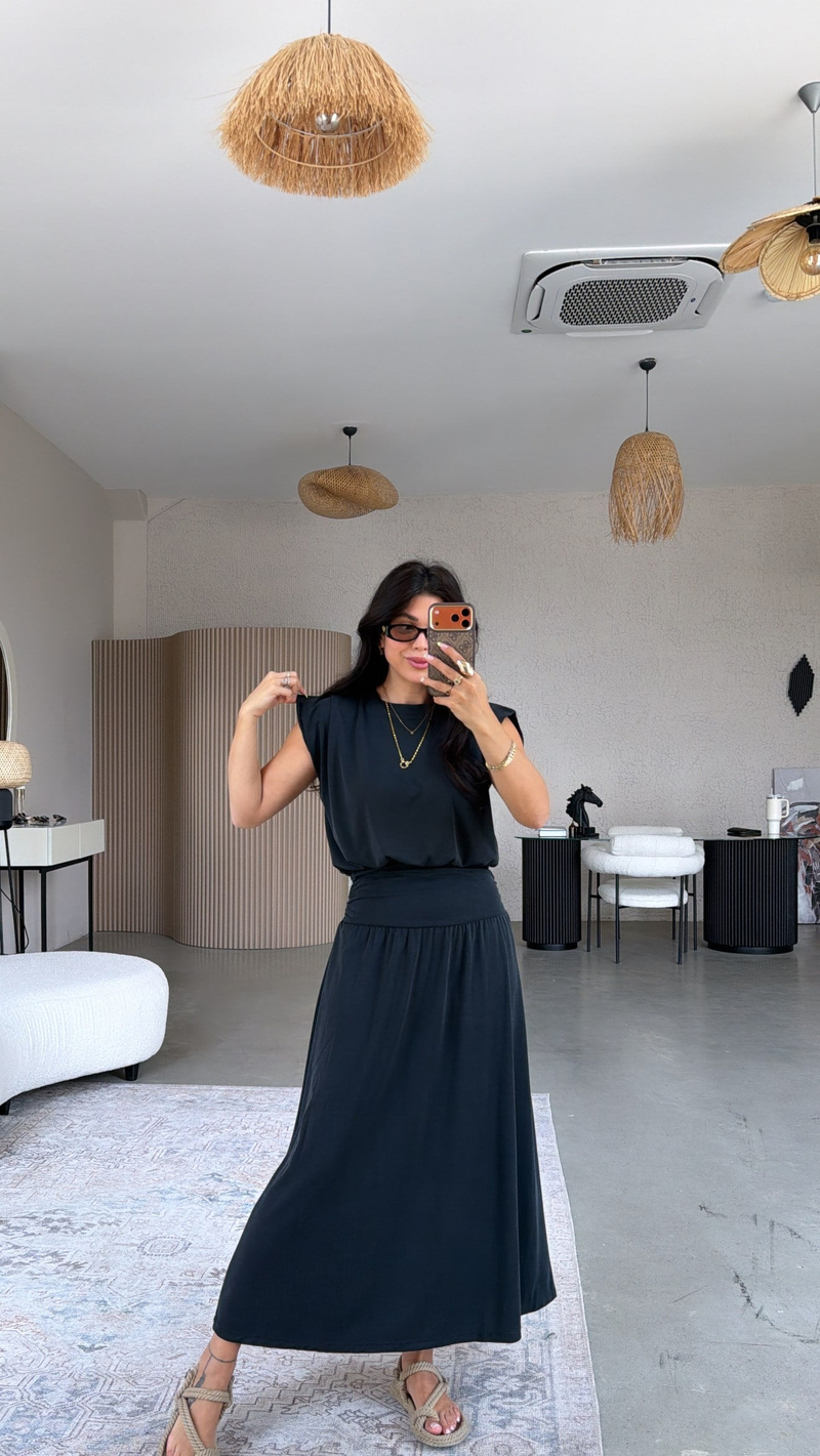 Siyah Pike Modal Drape Etek Bluz Takım