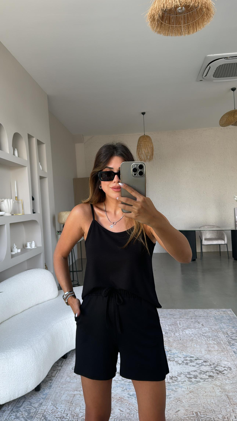 Siyah Pike Modal Şort Bluz Takım