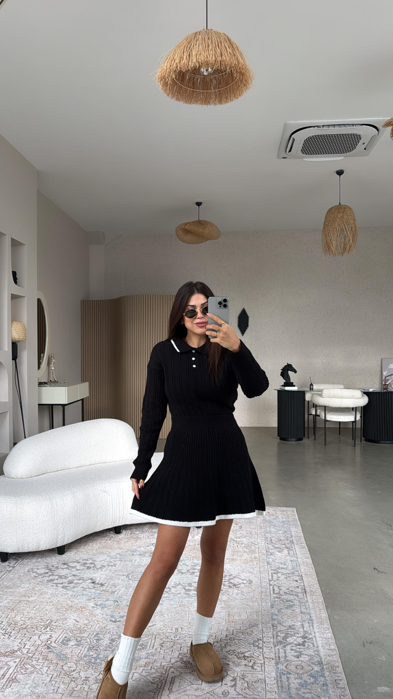 Siyah Polo Yaka Biyeli Etekli Takım