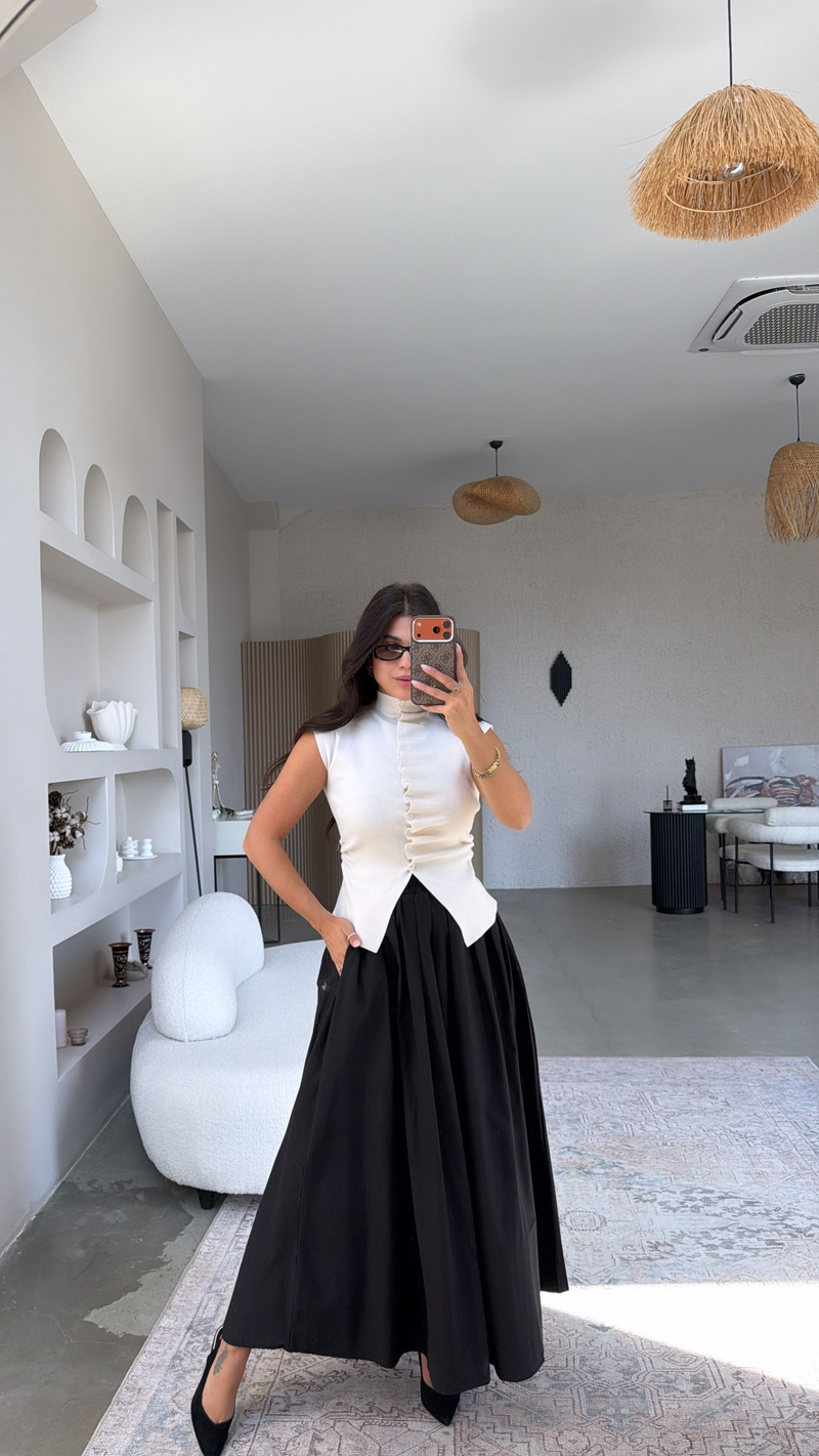 Siyah Poplin Maxi Beli Lastikli Etek