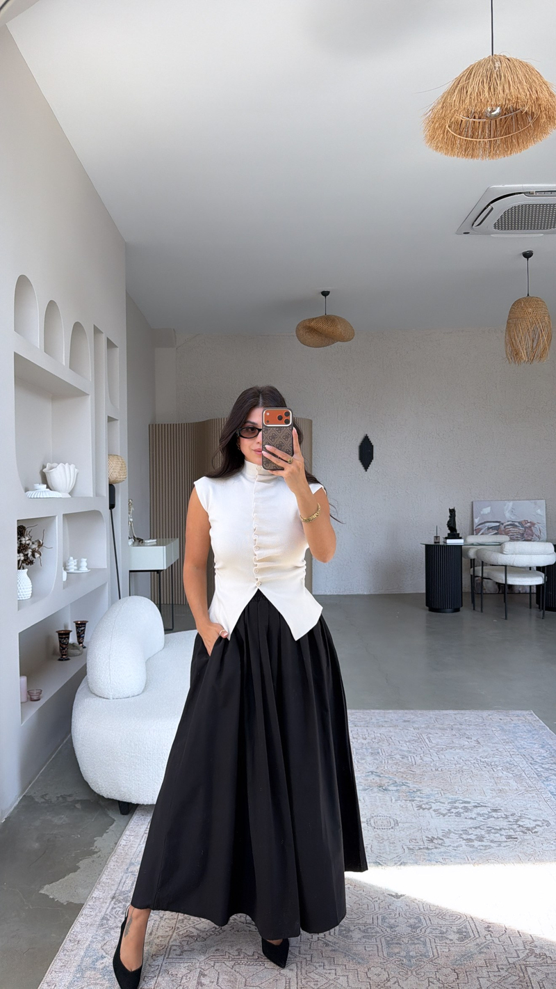 Siyah Poplin Maxi Beli Lastikli Etek