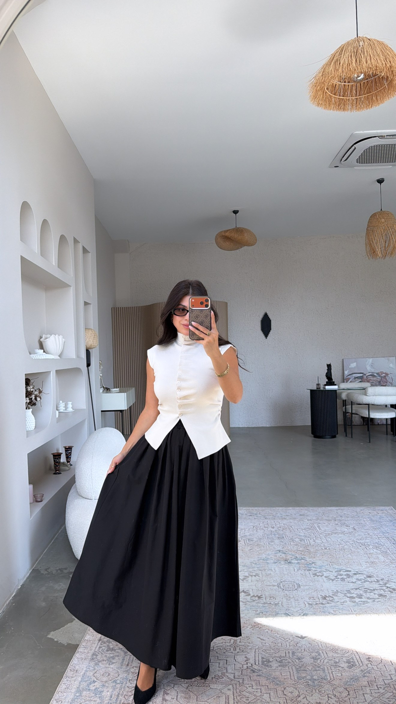 Siyah Poplin Maxi Beli Lastikli Etek
