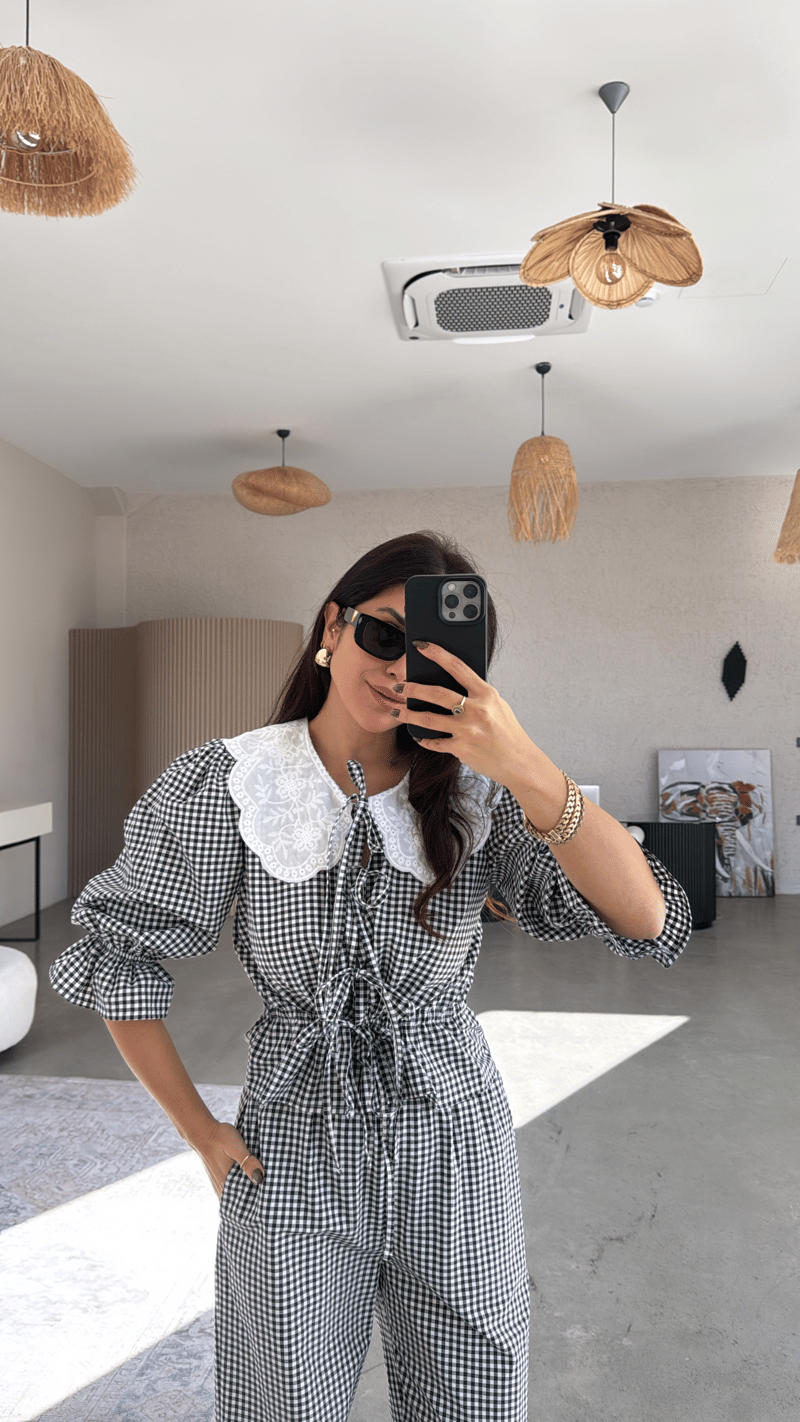 Siyah Pötikare Yakalı Pantolon Bluz Takım