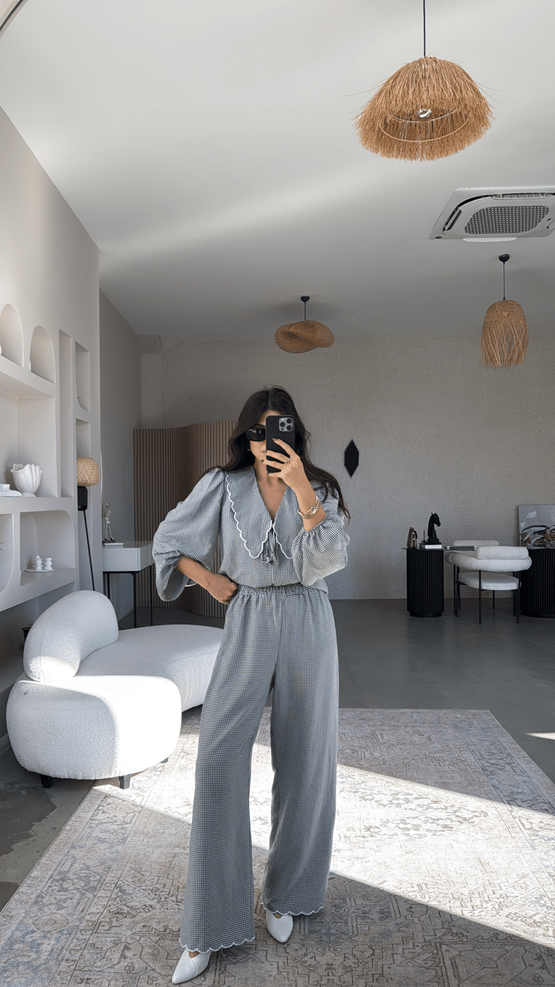 Siyah Pötikareli Romantik Pantolon Bluz Takım