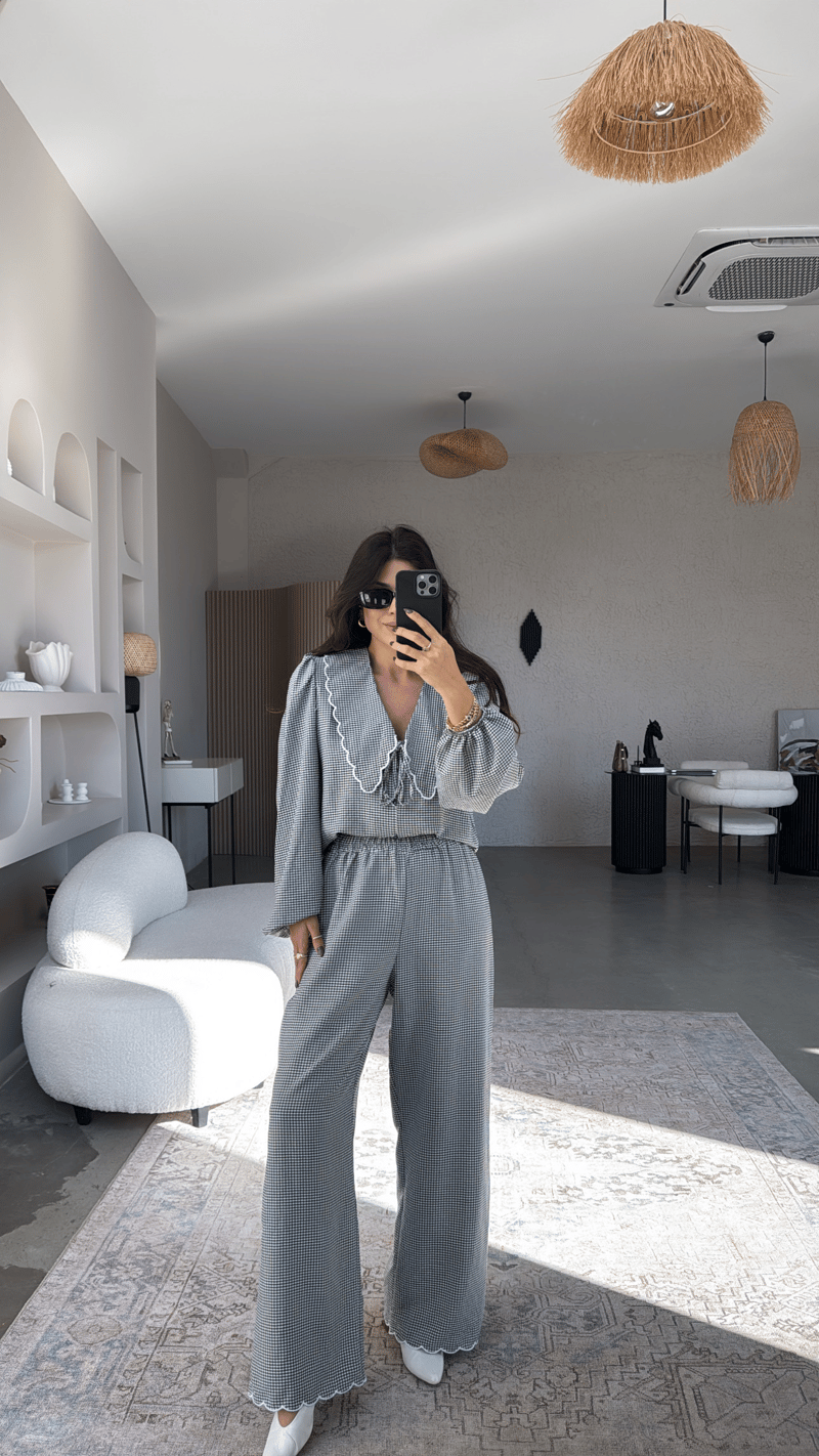 Siyah Pötikareli Romantik Pantolon Bluz Takım