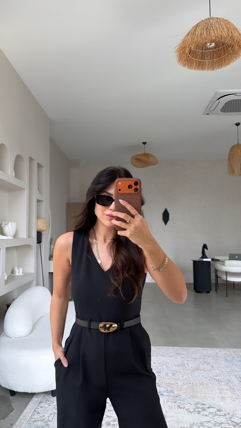 Siyah Premium Bol Paça Gold Kemerli Klasik Tulum