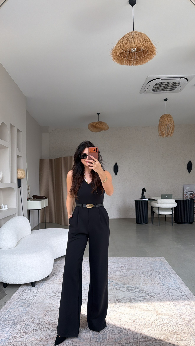 Siyah Premium Bol Paça Gold Kemerli Klasik Tulum