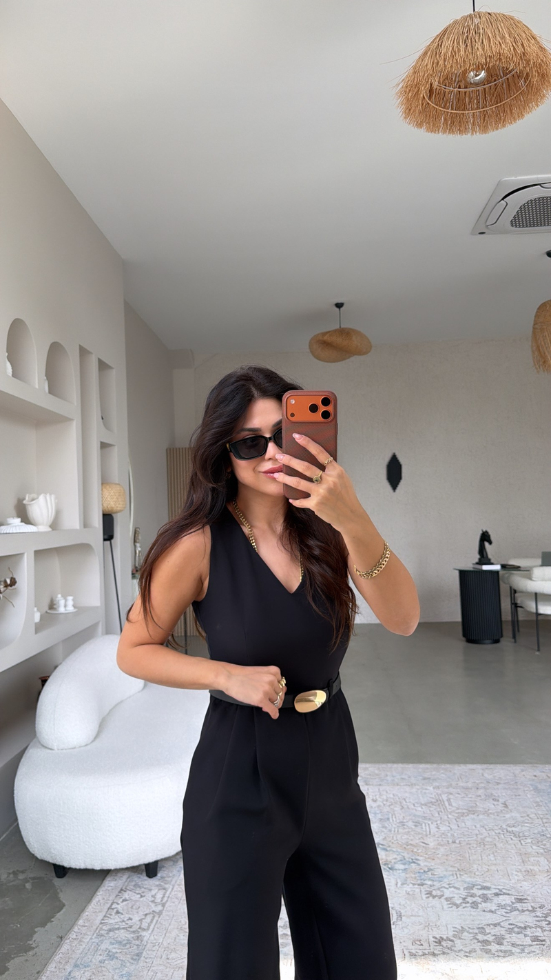 Siyah Premium Bol Paça Gold Kemerli Klasik Tulum