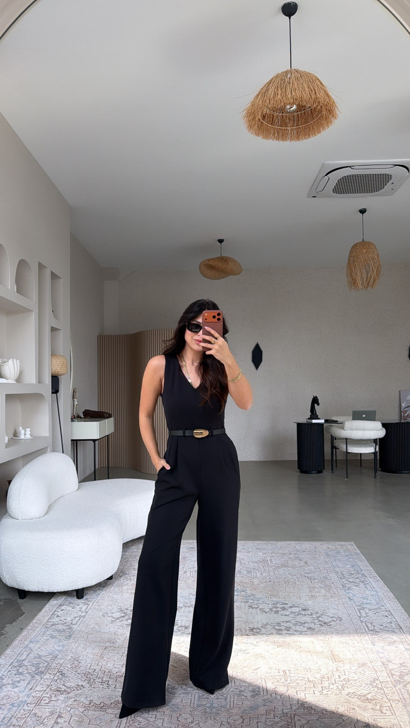 Siyah Premium Bol Paça Gold Kemerli Klasik Tulum