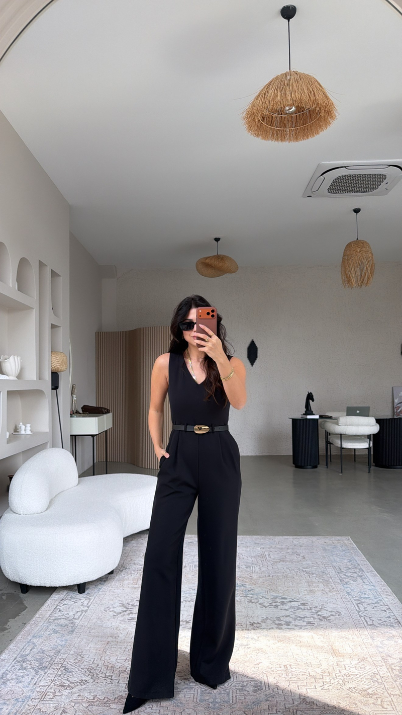 Siyah Premium Bol Paça Gold Kemerli Klasik Tulum