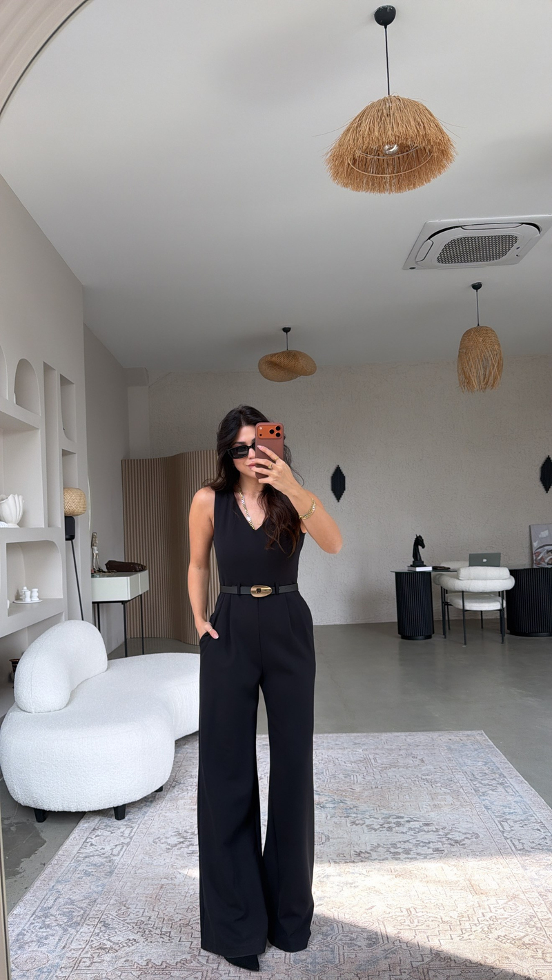 Siyah Premium Bol Paça Gold Kemerli Klasik Tulum