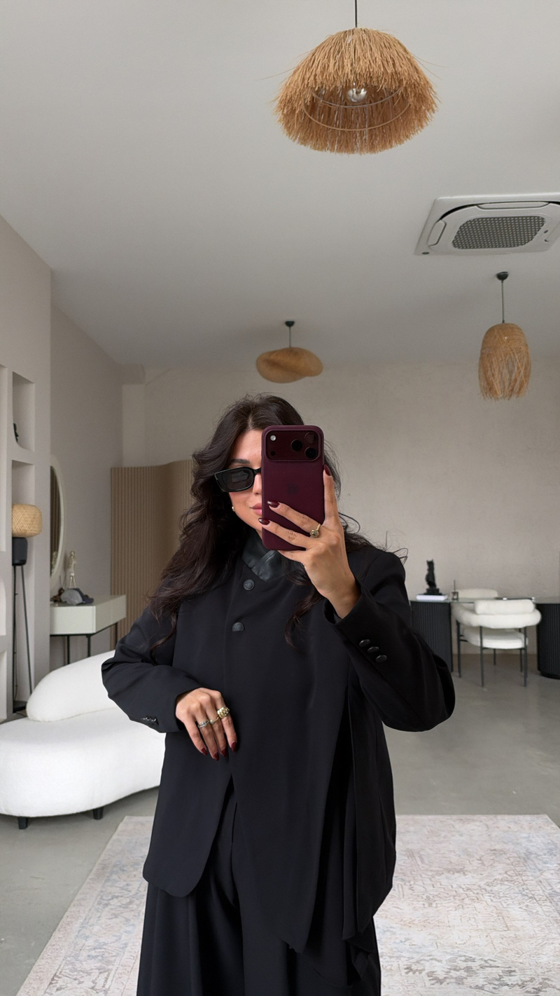 Siyah Premium Deri Yakalı Ceket Kumaş Pantolon Takım