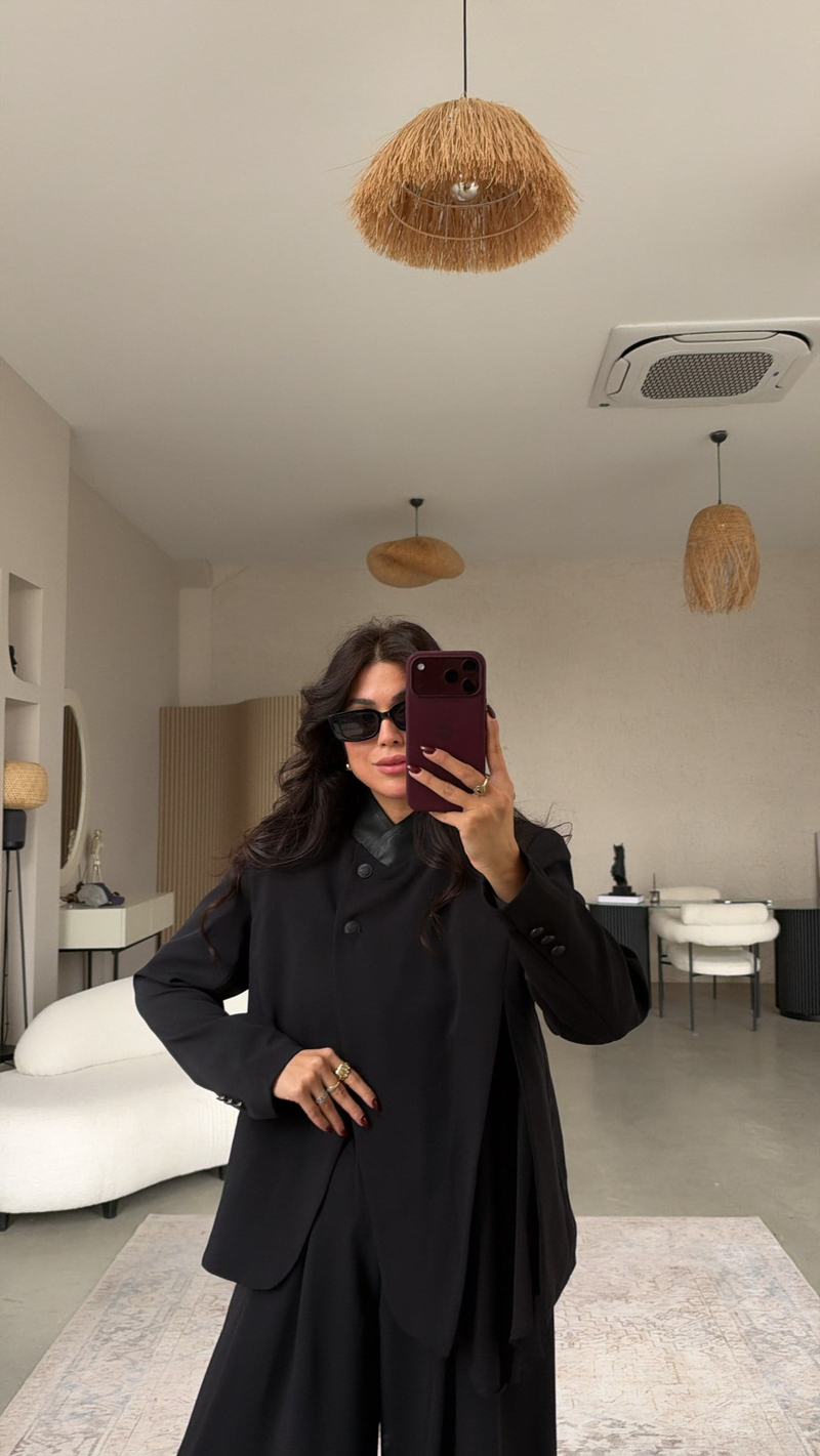 Siyah Premium Deri Yakalı Ceket Kumaş Pantolon Takım