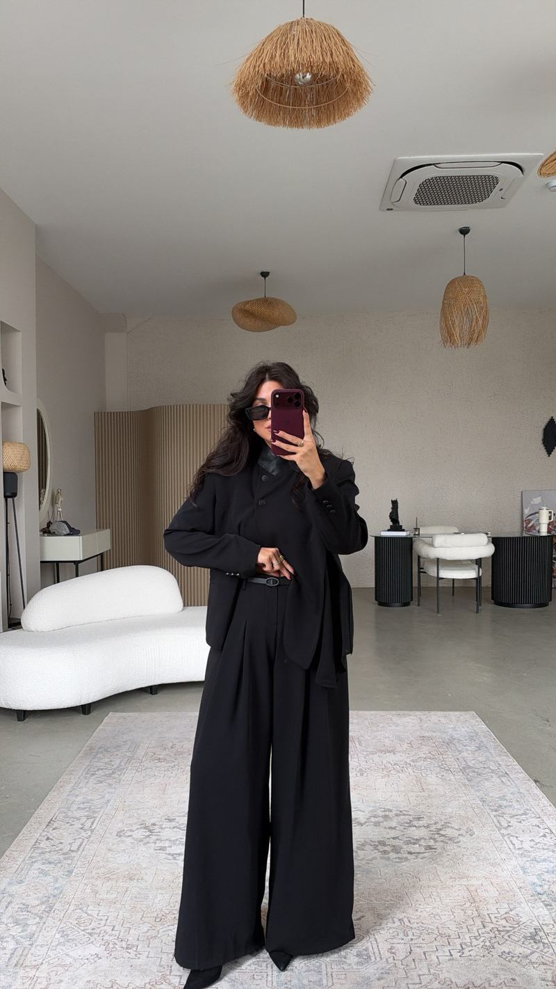 Siyah Premium Deri Yakalı Ceket Kumaş Pantolon Takım