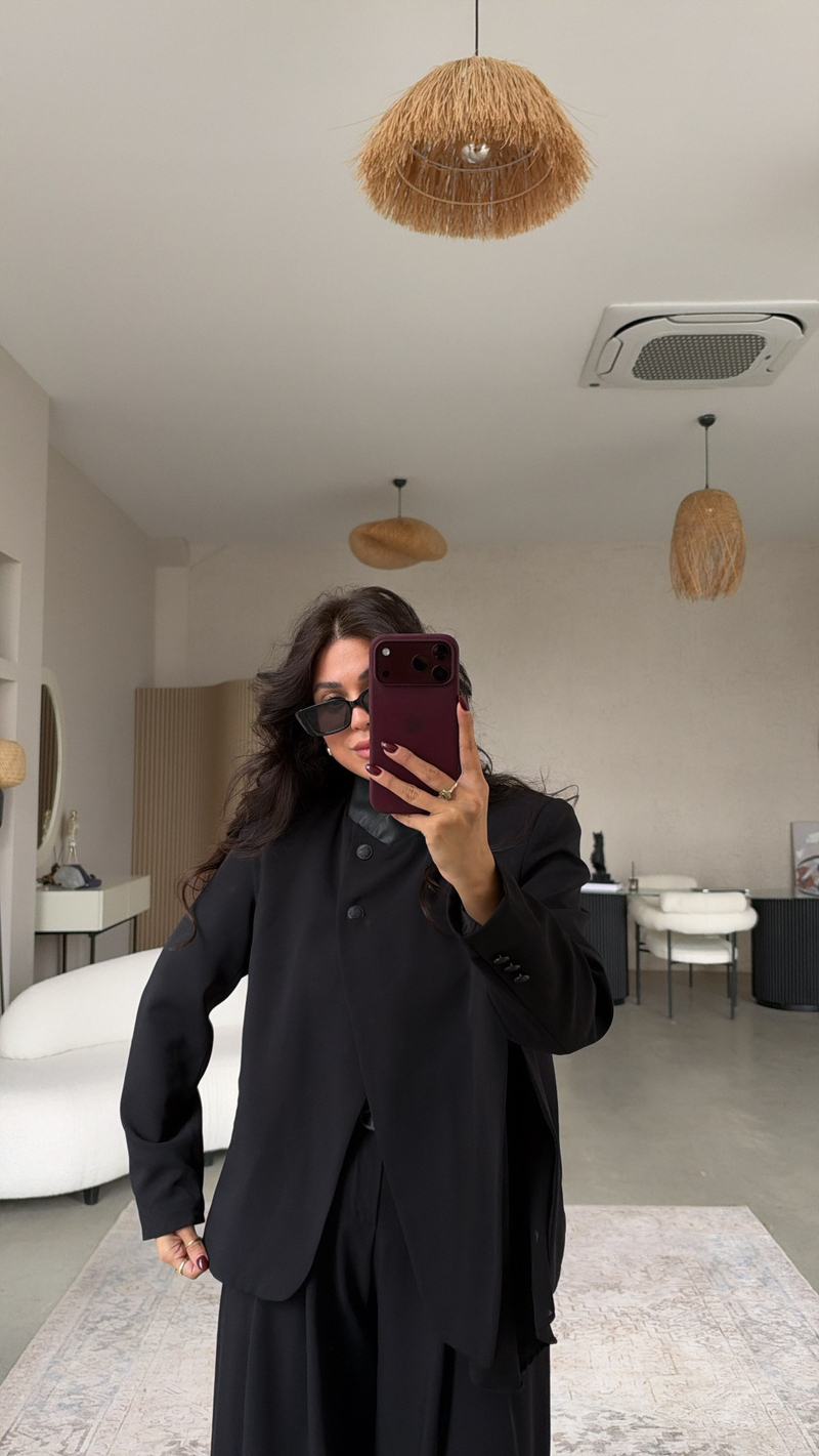 Siyah Premium Deri Yakalı Ceket Kumaş Pantolon Takım