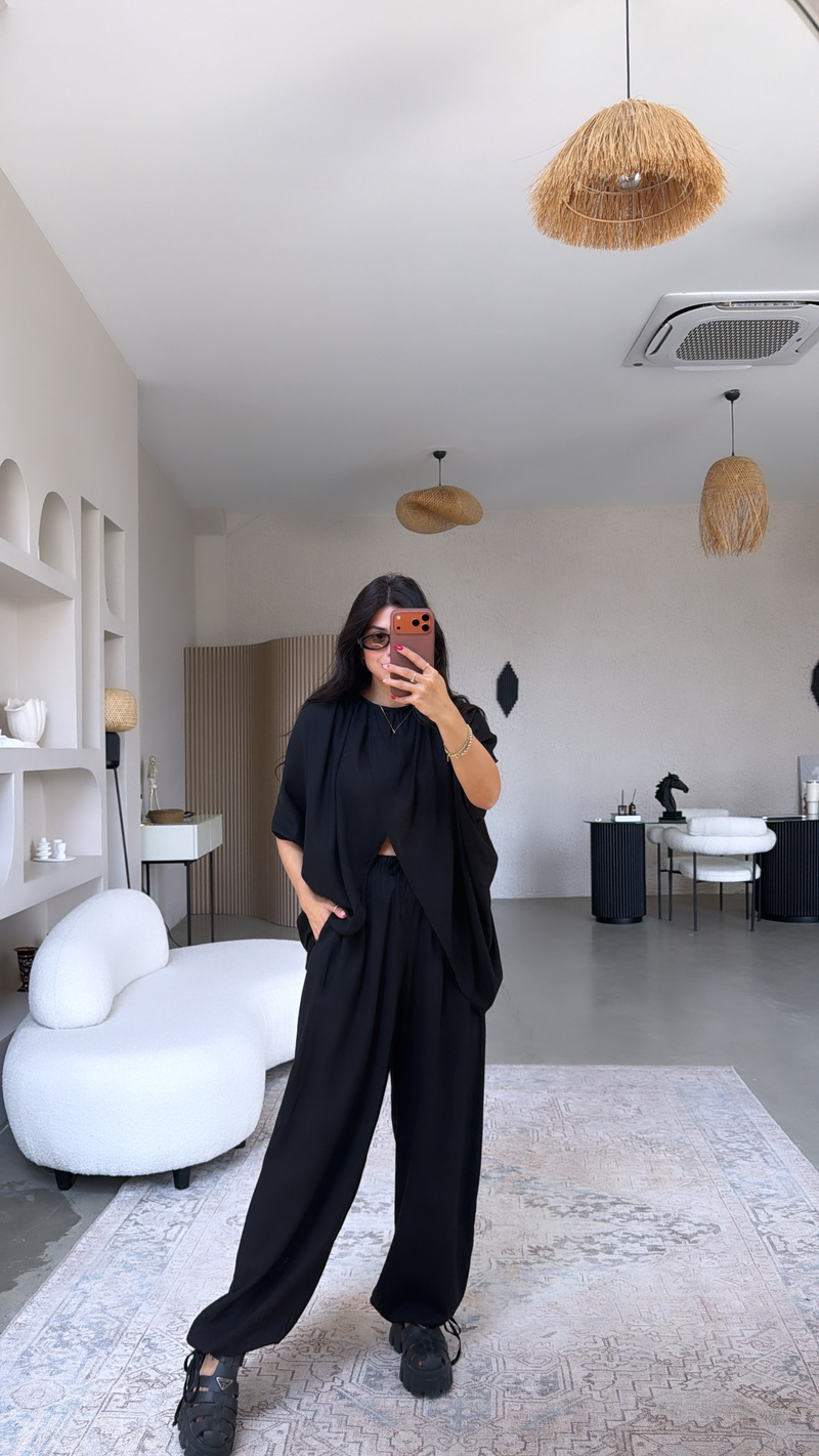 Siyah Premium Keten Kruvaze Bluz Pantolon Takım