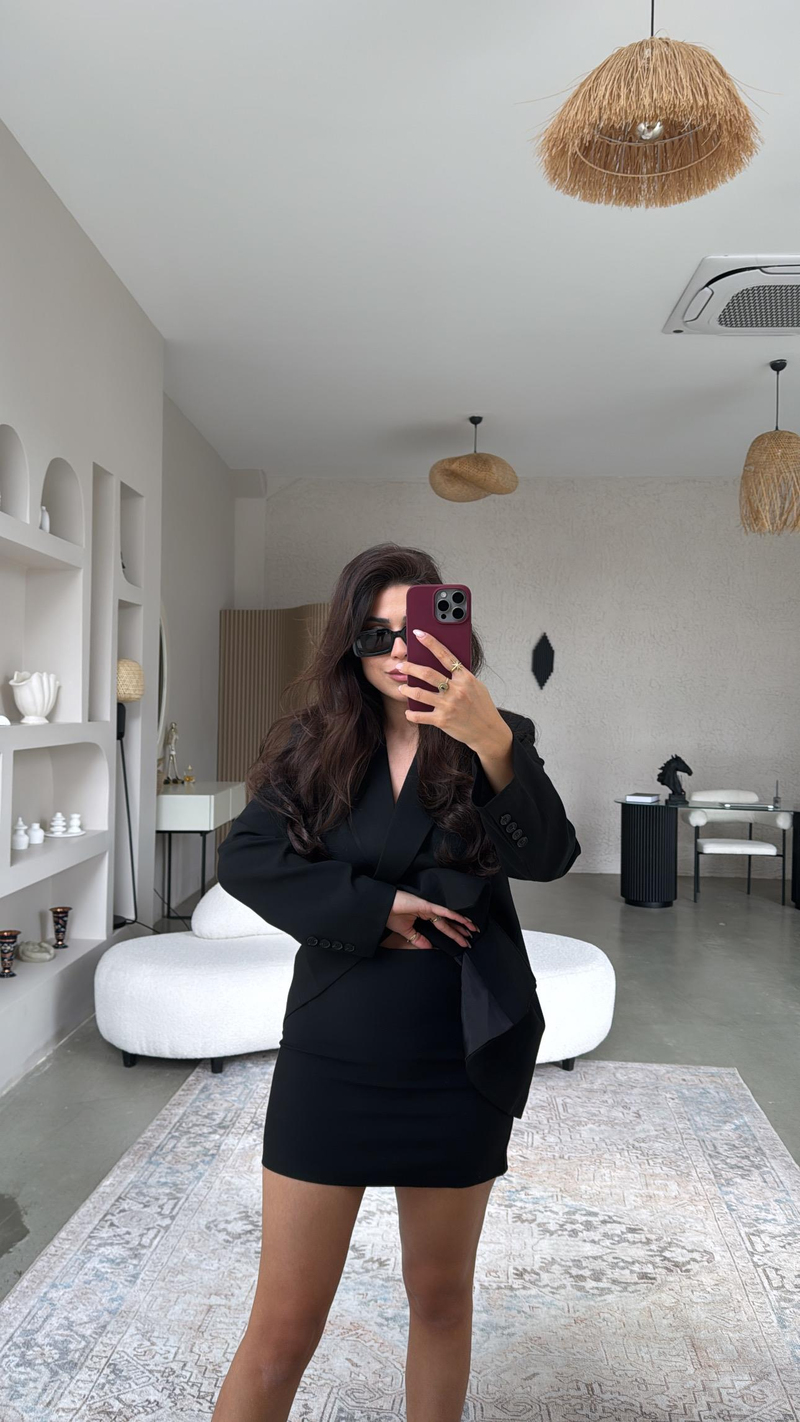 Siyah Premium Kruvaze Ceket Etek Takım