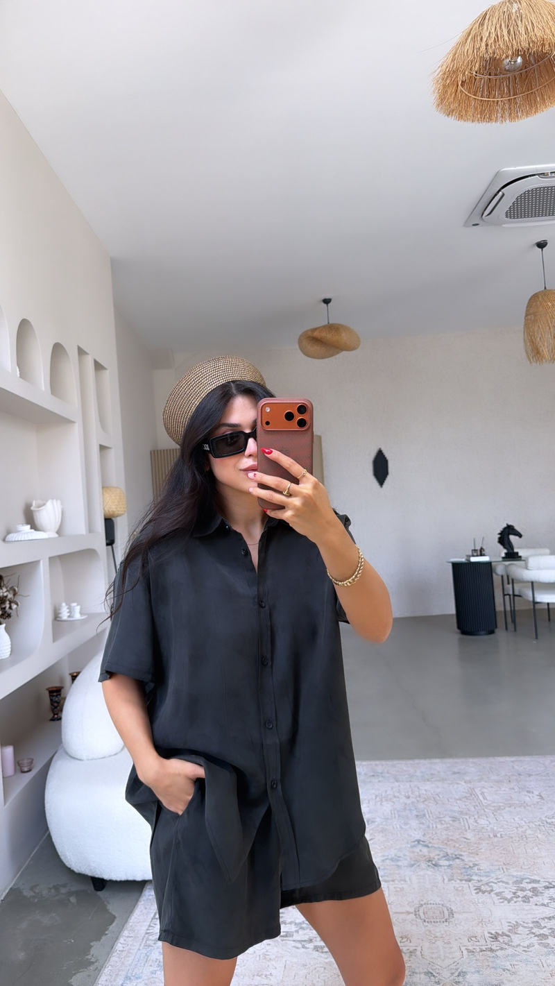 Siyah Premium Kumaş Gömlek Şort Takım