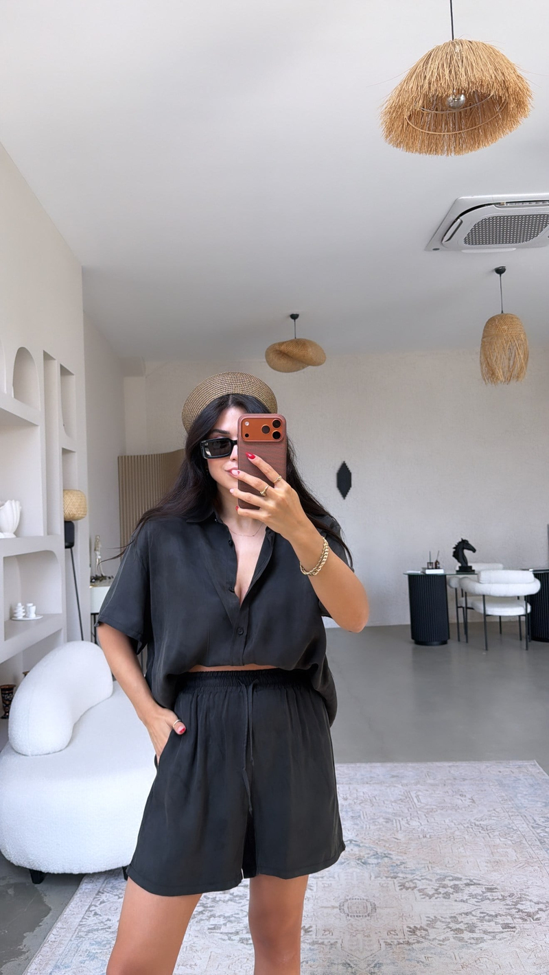 Siyah Premium Kumaş Gömlek Şort Takım