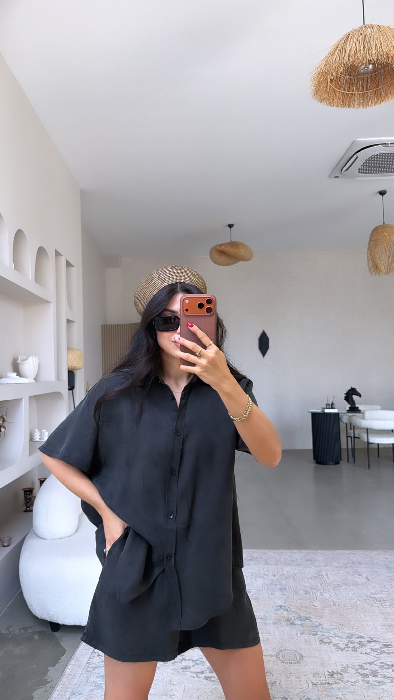 Siyah Premium Kumaş Gömlek Şort Takım