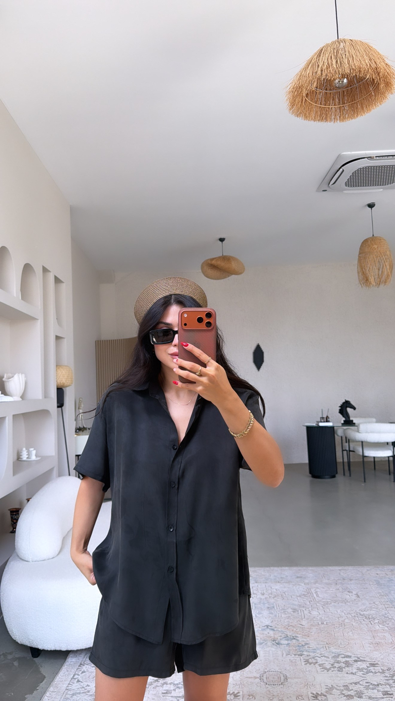 Siyah Premium Kumaş Gömlek Şort Takım