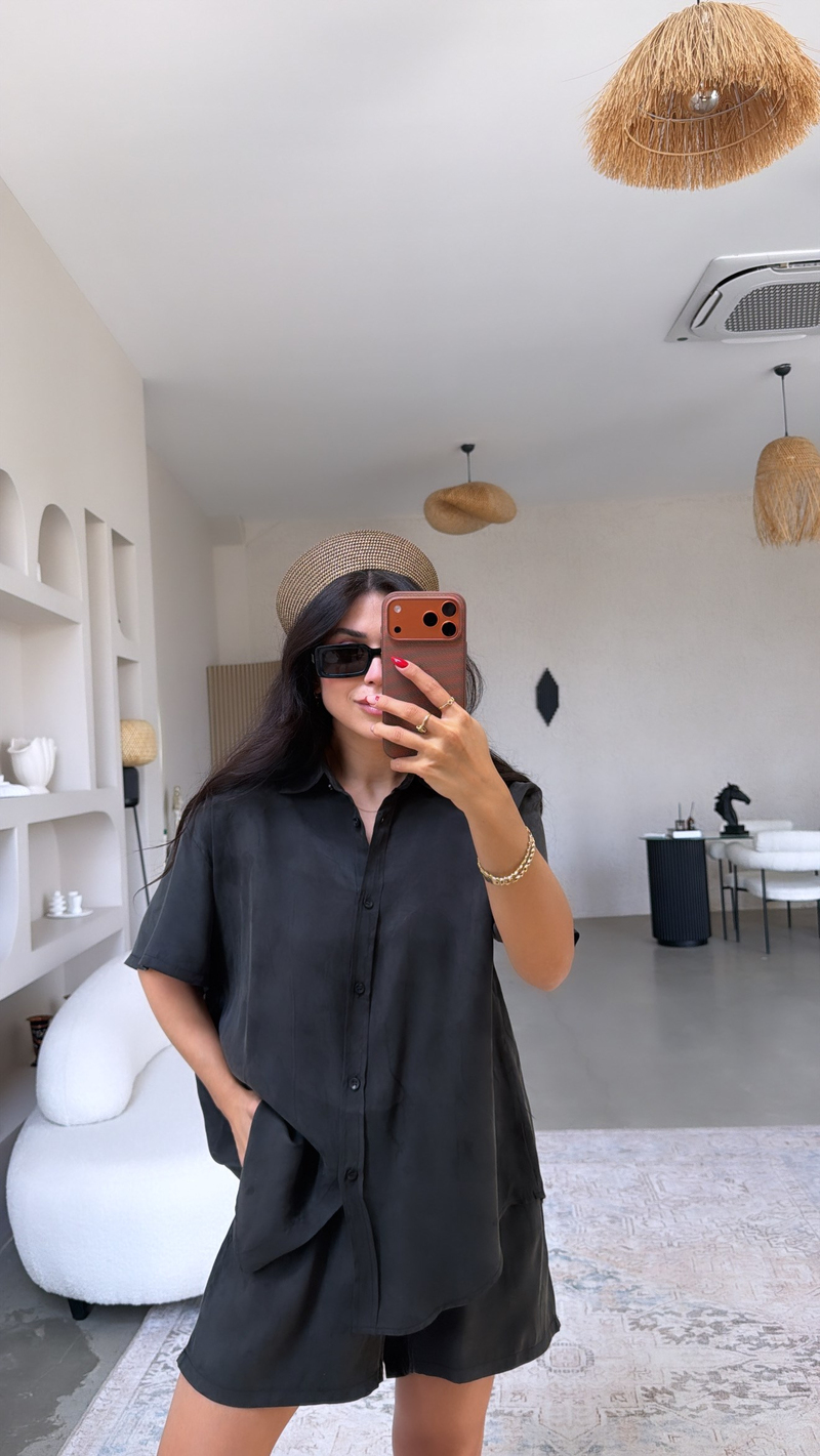Siyah Premium Kumaş Gömlek Şort Takım