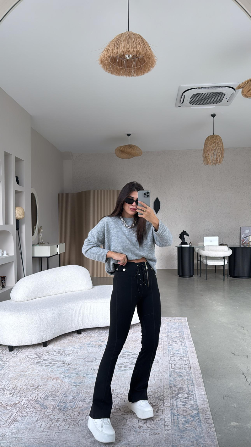 Siyah Push-up Bağcıklı Fermuarlı Tayt