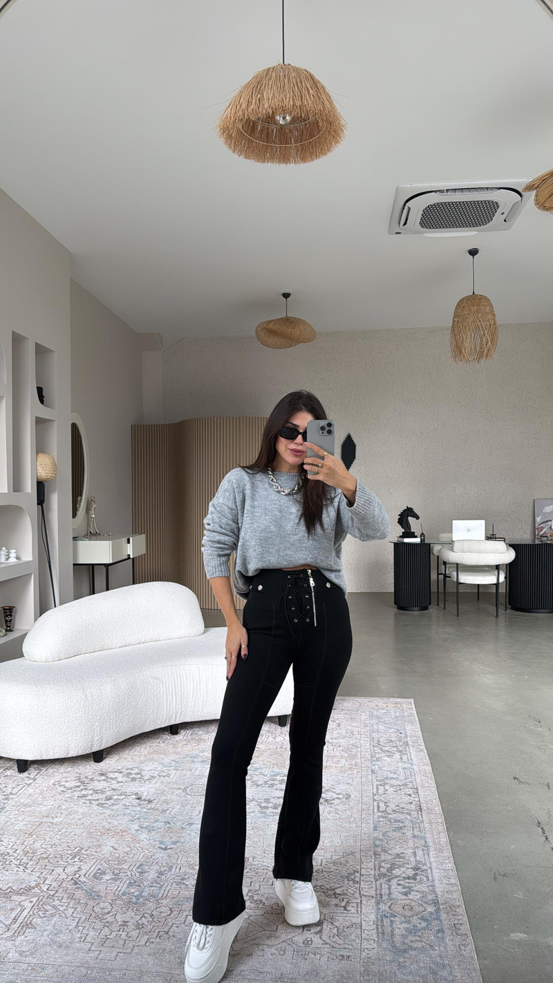 Siyah Push-up Bağcıklı Fermuarlı Tayt