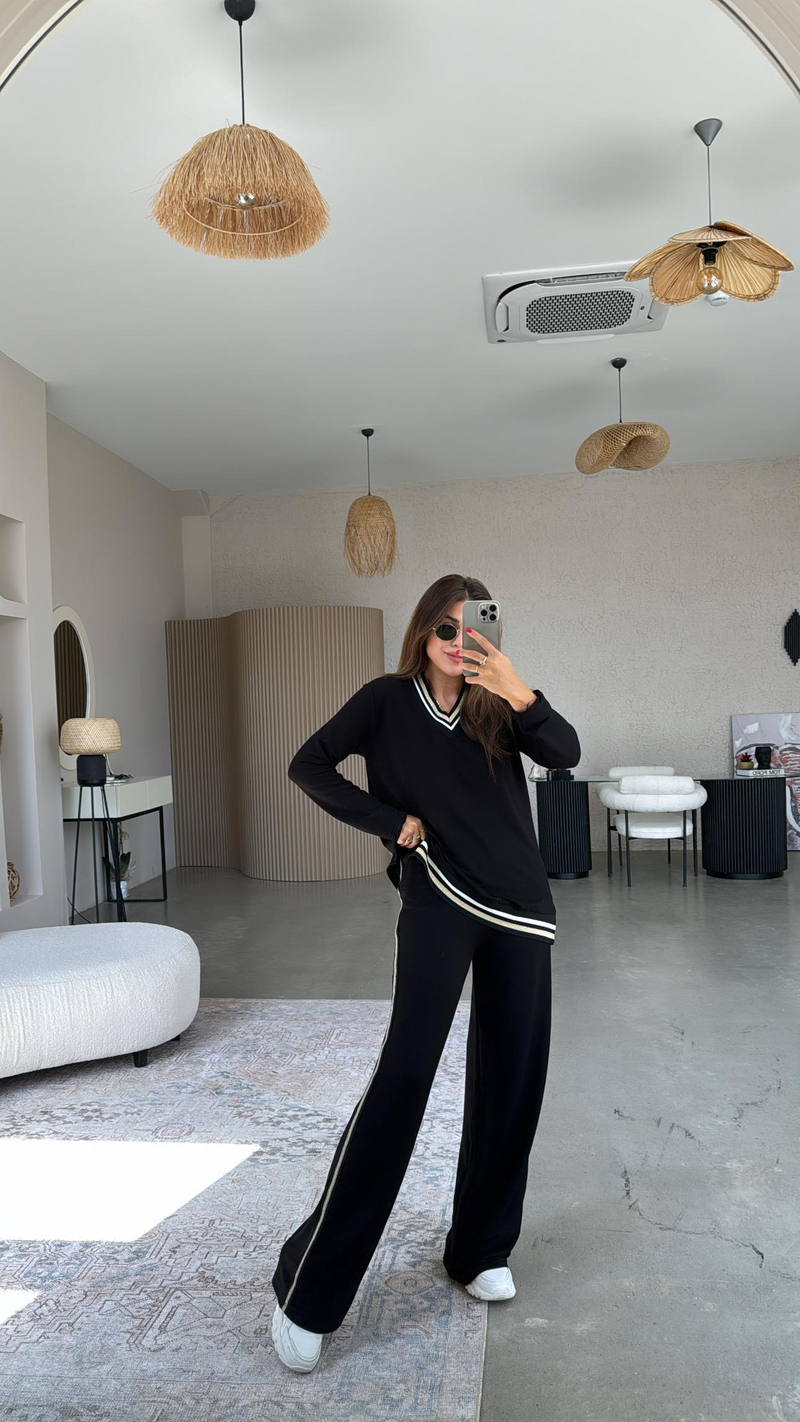 Siyah Ribana Şeritli Oys Kumaş Takım