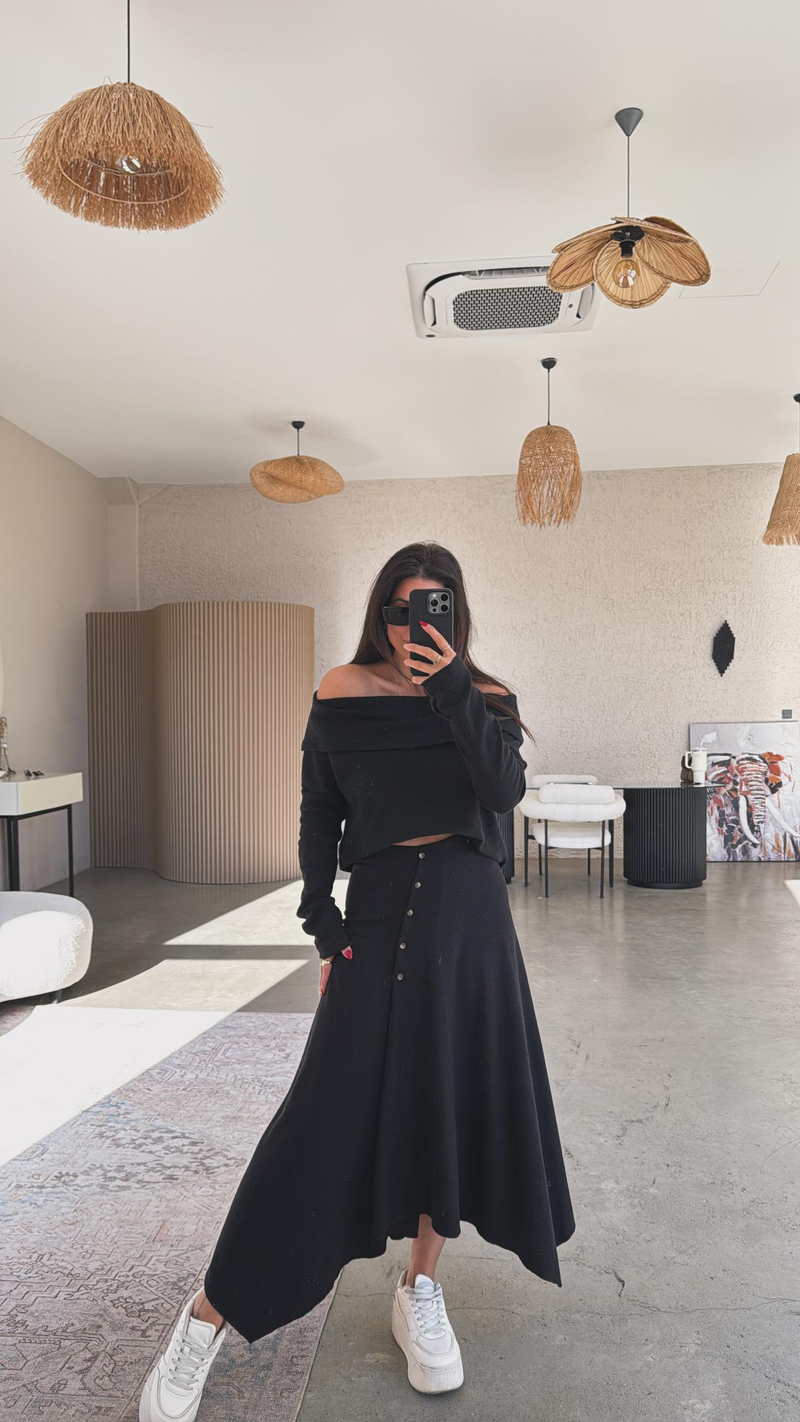 Siyah Selanik ZR Model Düğmeli Etek