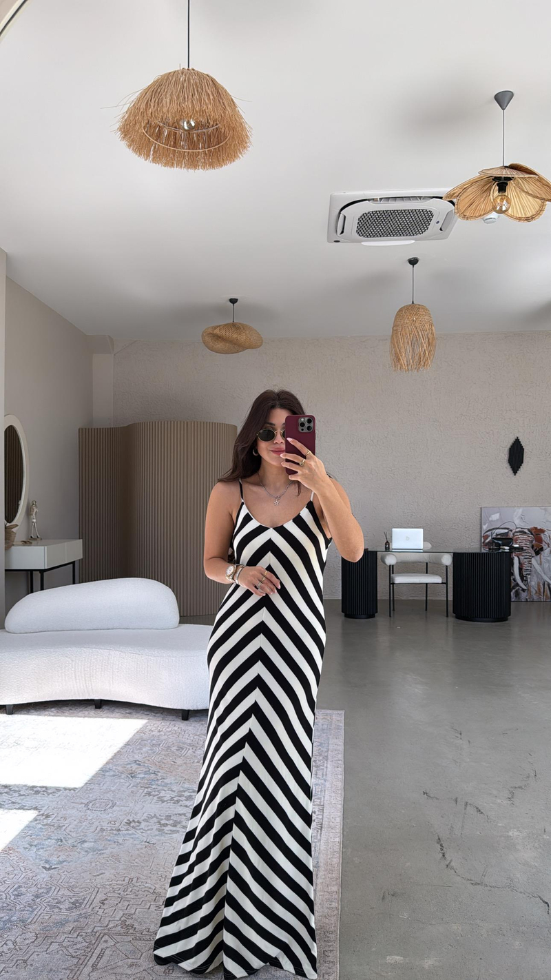 Siyah Şeritli Modal İp Askılı Elbise