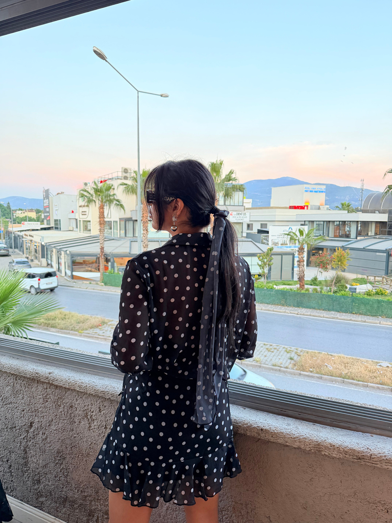 Siyah Şifon Transparan Puantiyeli Gömlek Astarlı Etek Takım
