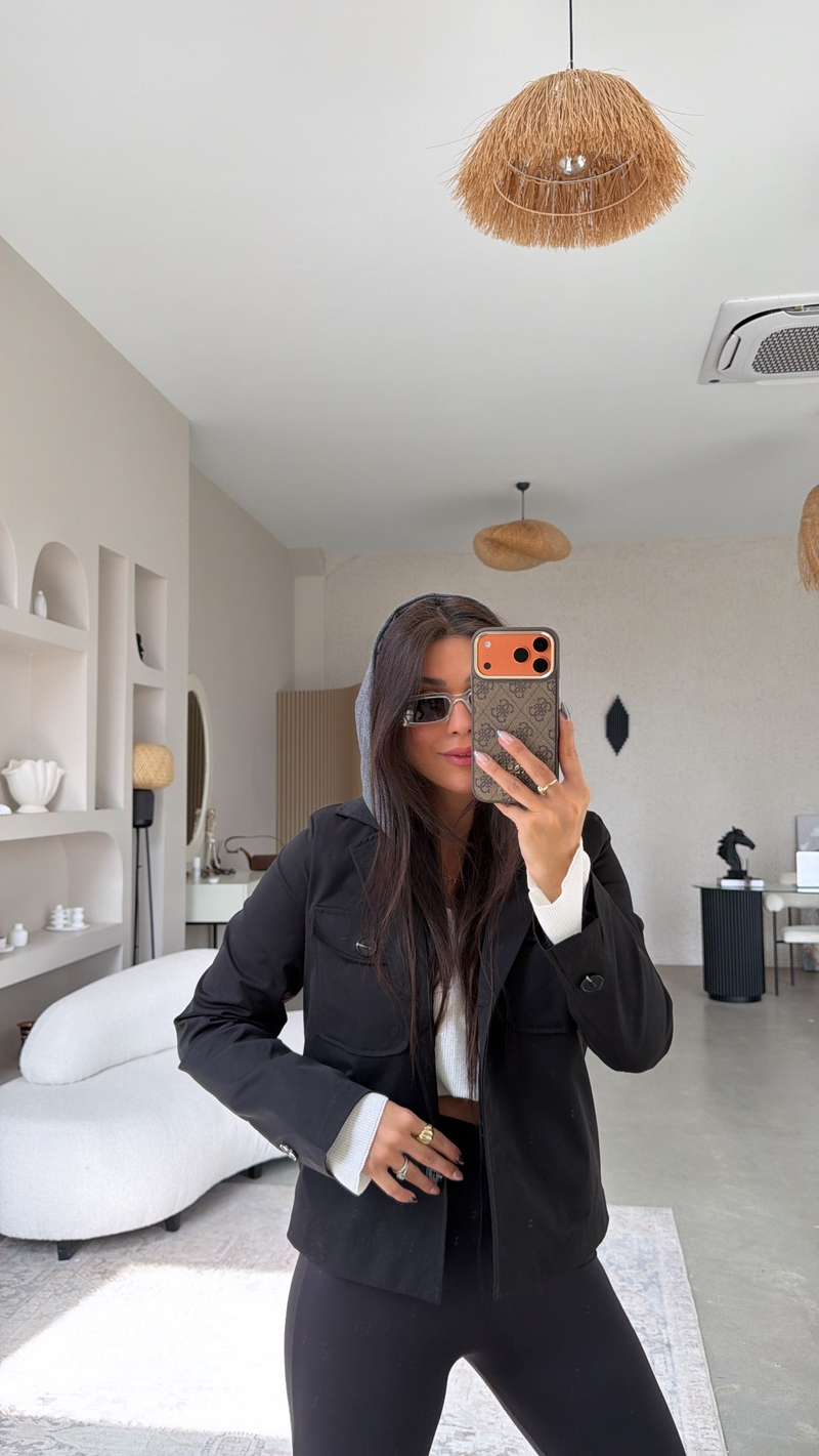 Siyah Sweat Kapüşon Detaylı Ceket